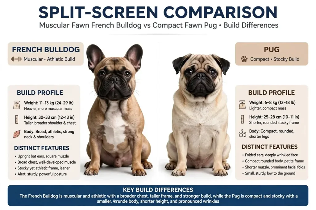 Split-screen comparison of a muscular fawn French Bulldog and a compact fawn Pug showing differences in weight, height, body build, and distinct physical features