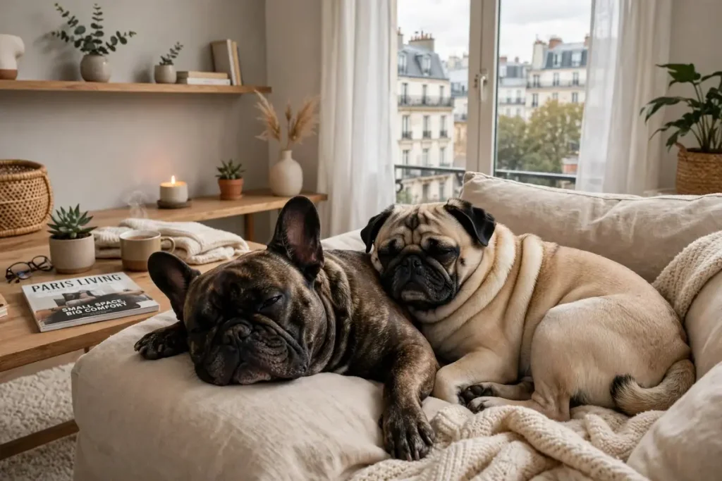 Brindle French Bulldog and fawn Pug sleeping closely together on a beige sofa in a bright, modern apartment with a city view