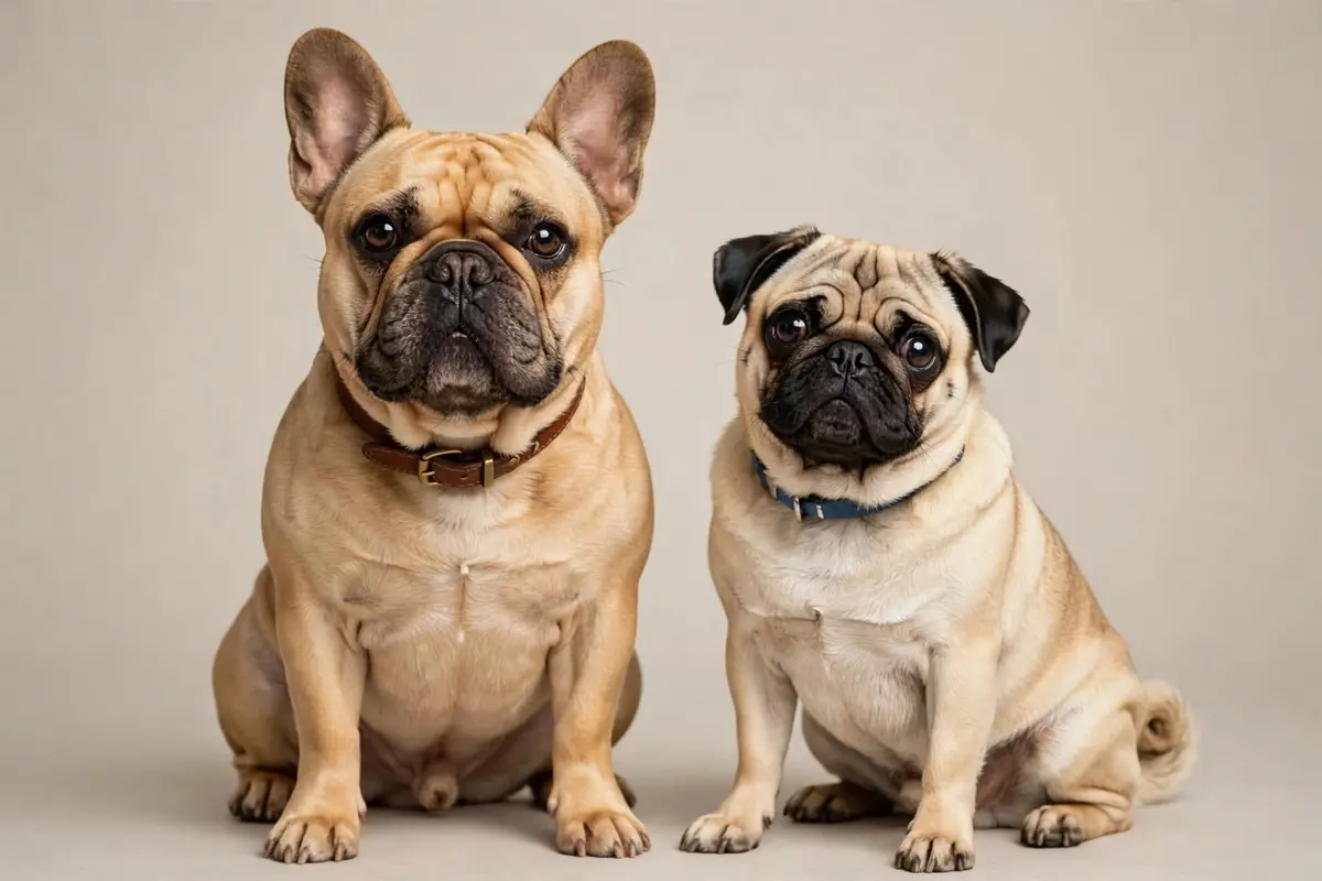 Fawn French Bulldog with bat ears and brown collar sitting next to a fawn Pug with black ears and blue collar against a neutral background