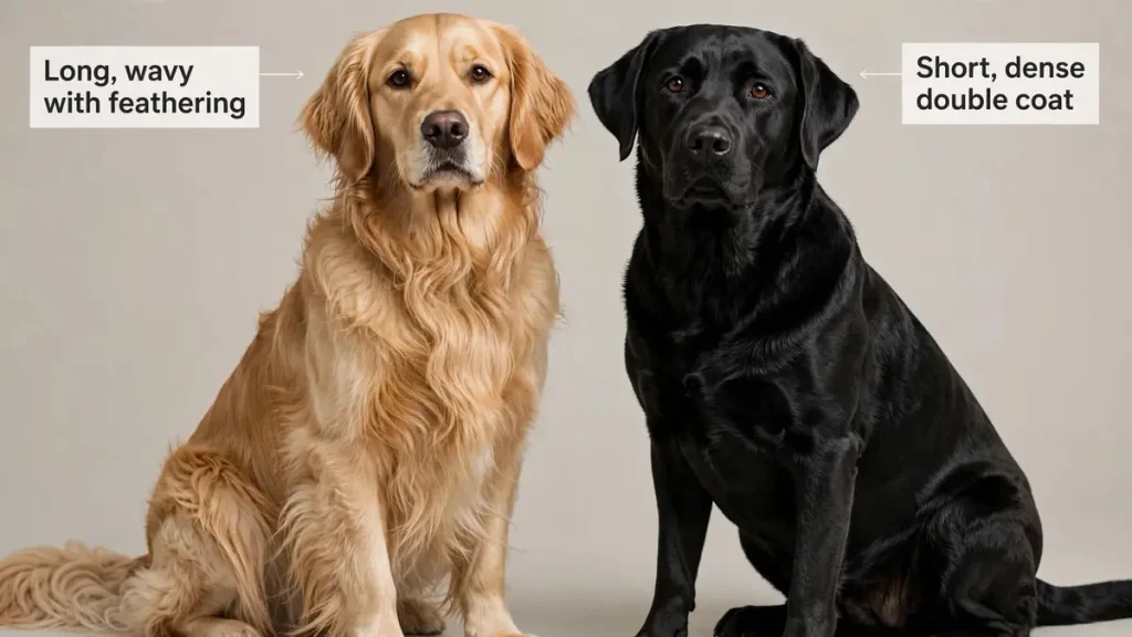 Golden Retriever with long wavy feathered coat sitting next to a black Labrador Retriever with short dense double coat, labeled to highlight coat differences