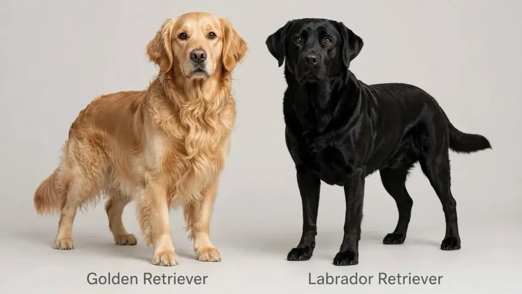 Golden Retriever with golden coat standing next to a black Labrador Retriever, both facing forward against a light gray background, labeled Golden Retriever and Labrador Retriever