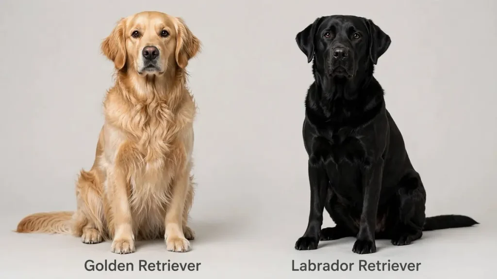 Golden Retriever with golden coat sitting next to a black Labrador Retriever, both facing forward against a light gray background, labeled Golden Retriever and Labrador Retriever