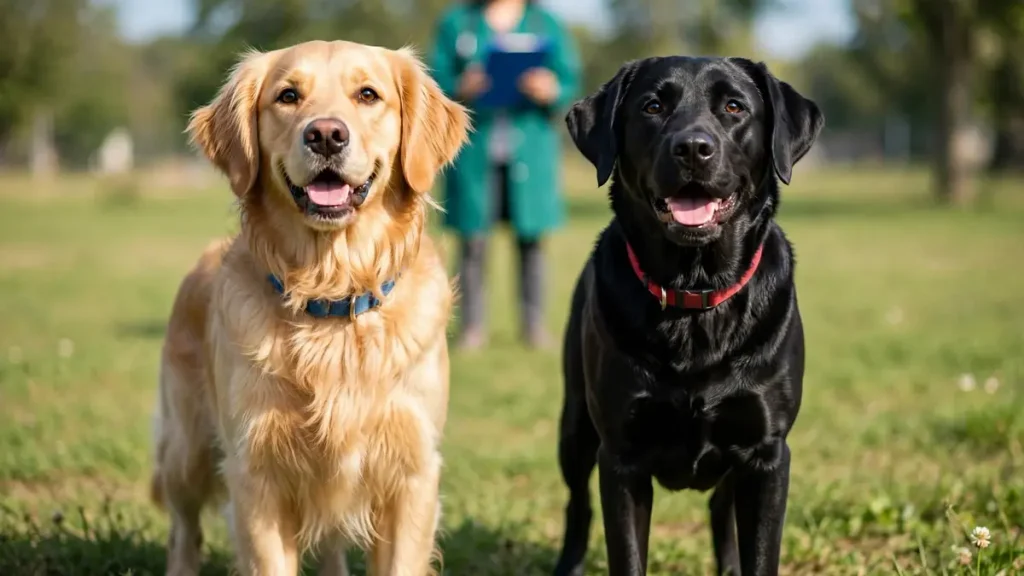 Happy Golden Retriever with blue collar and black Labrador Retriever with red collar standing side by side on grass outdoors with a person in the background