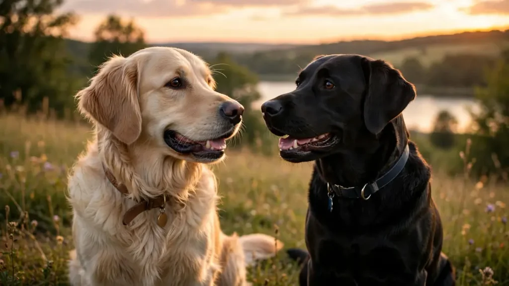 Golden Retriever and black Labrador Retriever sitting face to face in a grassy field at sunset with hills and water in the background
