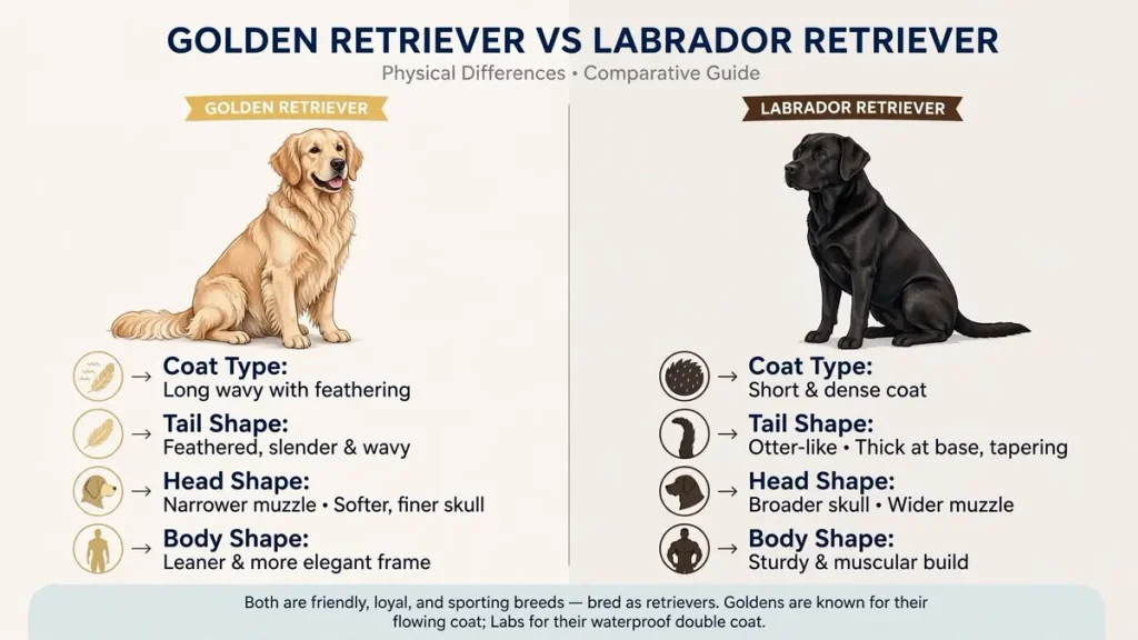 Infographic comparing Golden Retriever and Labrador Retriever physical differences including coat type, tail shape, head shape, and body shape with illustrated dogs