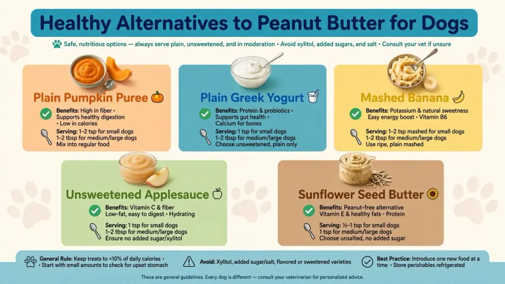 Infographic of healthy alternatives when can dogs eat peanut butter – safe options like plain pumpkin puree, Greek yogurt, mashed banana, unsweetened applesauce and sunflower seed butter