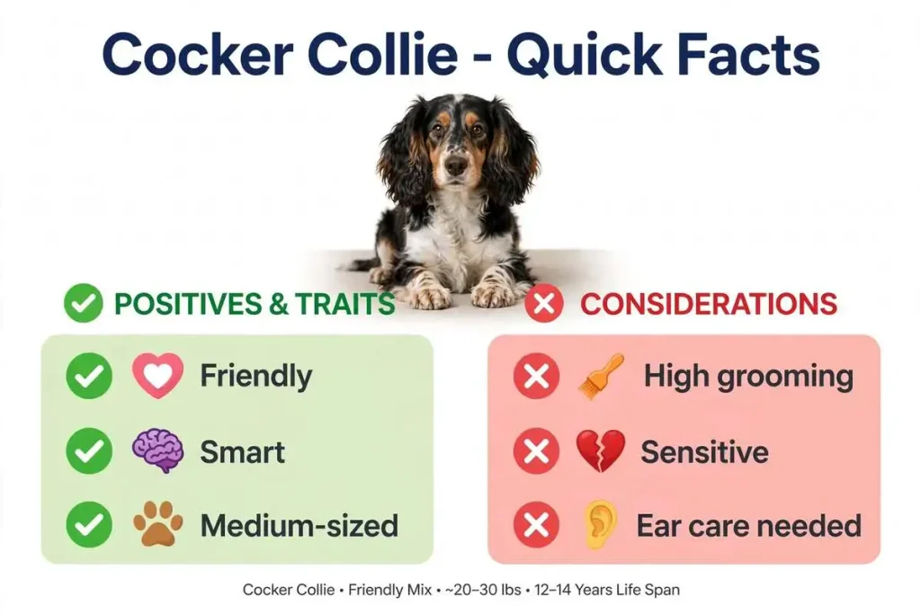Cocker Collie quick facts infographic showing a tricolor Cocker Collie dog with positives (friendly, smart, medium-sized) and considerations (high grooming, sensitive, ear care needed)