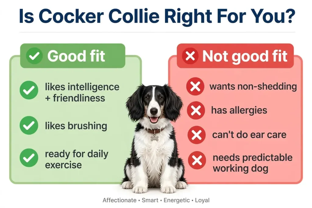 Infographic asking “Is Cocker Collie Right For You?” with a black-and-white Cocker Collie in the center, good-fit traits on the left (likes intelligence + friendliness, likes brushing, ready for daily exercise) and not-good-fit reasons on the right (wants non-shedding, has allergies, can’t do ear care, needs predictable working dog)