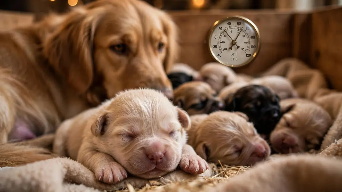 Mother golden retriever watching over newborn puppies during early puppy development in a cozy temperature-controlled nest