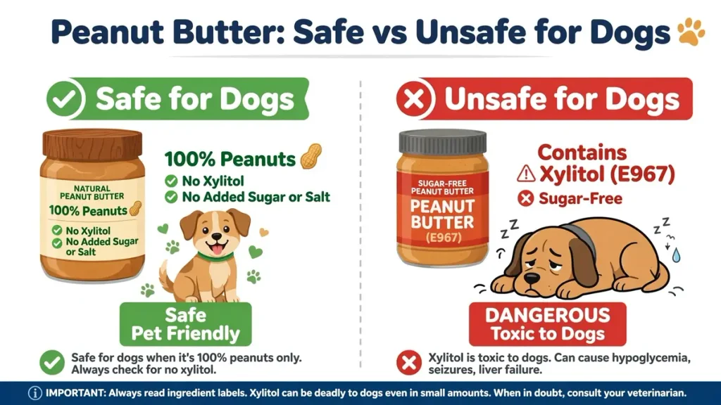 Infographic answering can dogs eat peanut butter: safe 100% peanut options with no xylitol versus unsafe sugar-free peanut butter containing xylitol that is toxic to dogs