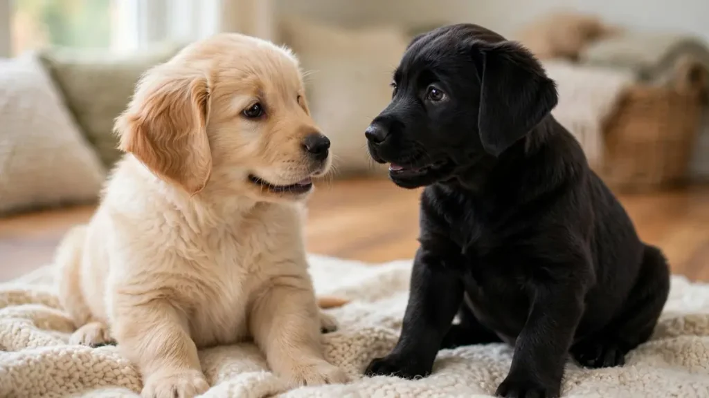 Golden Retriever puppy and black Labrador Retriever puppy sitting face to face on a soft white blanket indoors