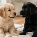 Golden Retriever puppy and black Labrador Retriever puppy sitting face to face on a soft white blanket indoors
