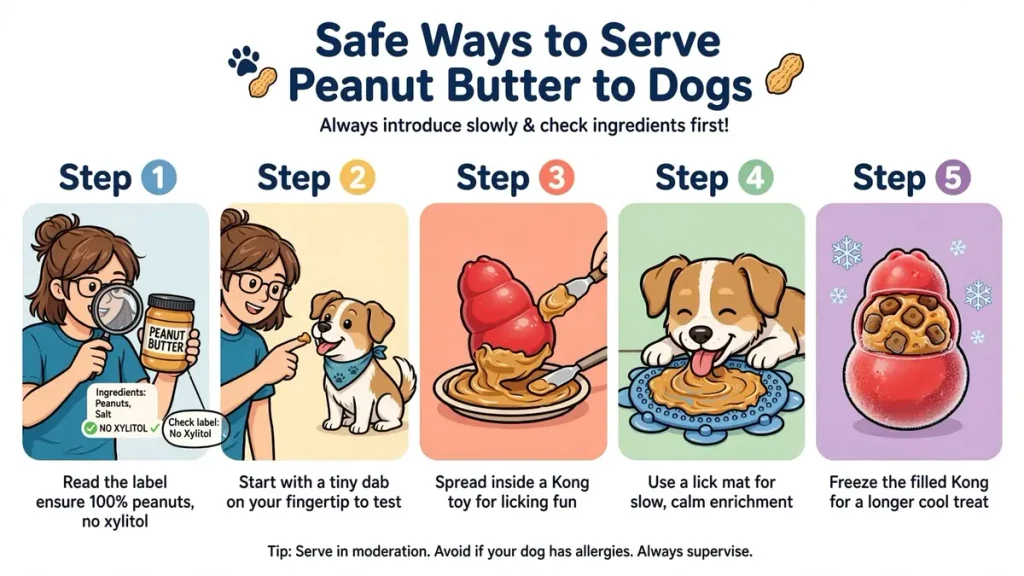 Infographic showing safe ways can dogs eat peanut butter – 5 steps from checking labels for no xylitol to serving in Kong toys and lick mats