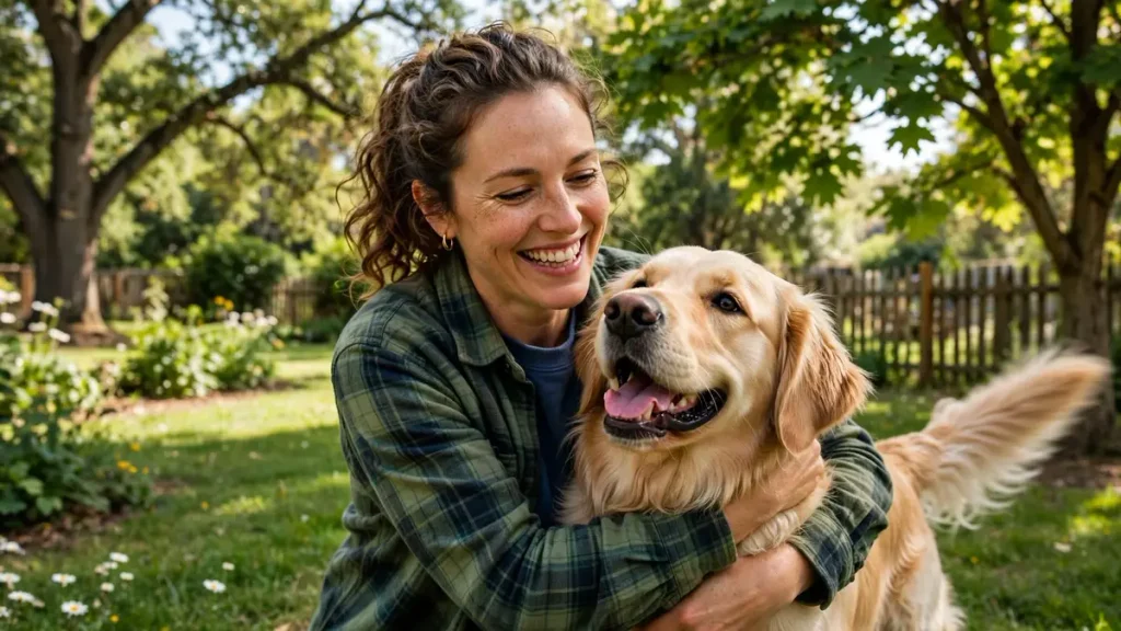 Smiling woman in a green plaid shirt hugging a happy Golden Retriever outdoors in a sunny garden with trees and flowers