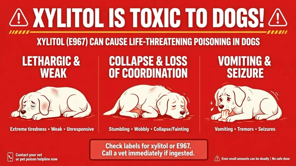 Warning poster explaining why dogs cannot eat peanut butter containing xylitol – symptoms of xylitol poisoning including lethargy, collapse, vomiting and seizures